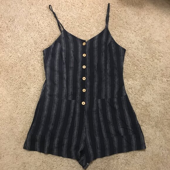 ILLA ILLA Strappy Button Down Rayon Engineer Striped Romper - Picture 9 of 15